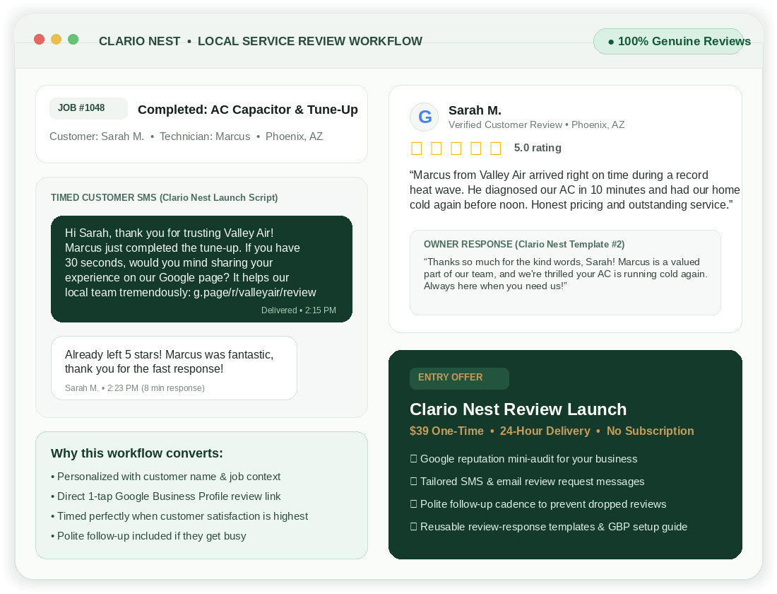 Clario Nest example workflow showing a completed job, review request, customer feedback, and review-response process
